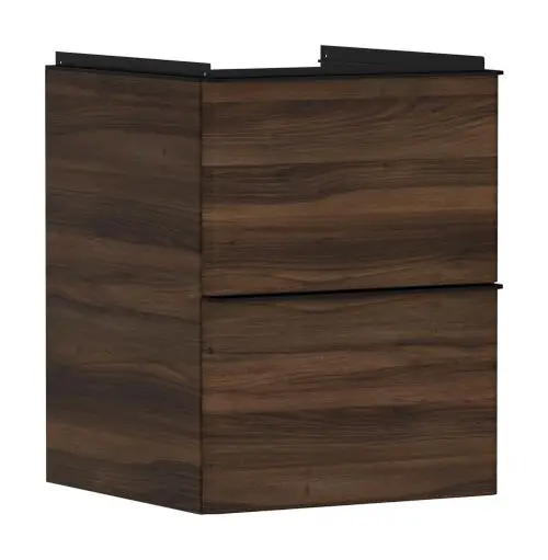 Waschtischunterschrank in Holzoptik mit zwei Schubkästen. Der Schrank ist für ein Handwaschbecken geeignet und stammt von der Marke Hansgrohe.